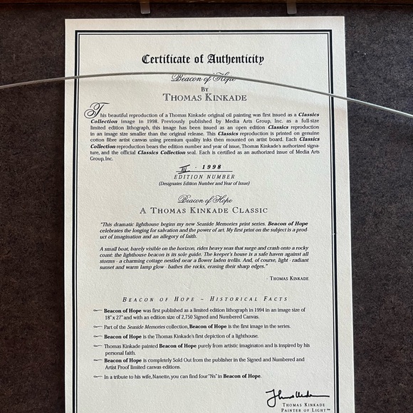 Thomas Kinkade “Beacon of Hope” Authenticated 1998 Edition Framed Print - Picture 3 of 3